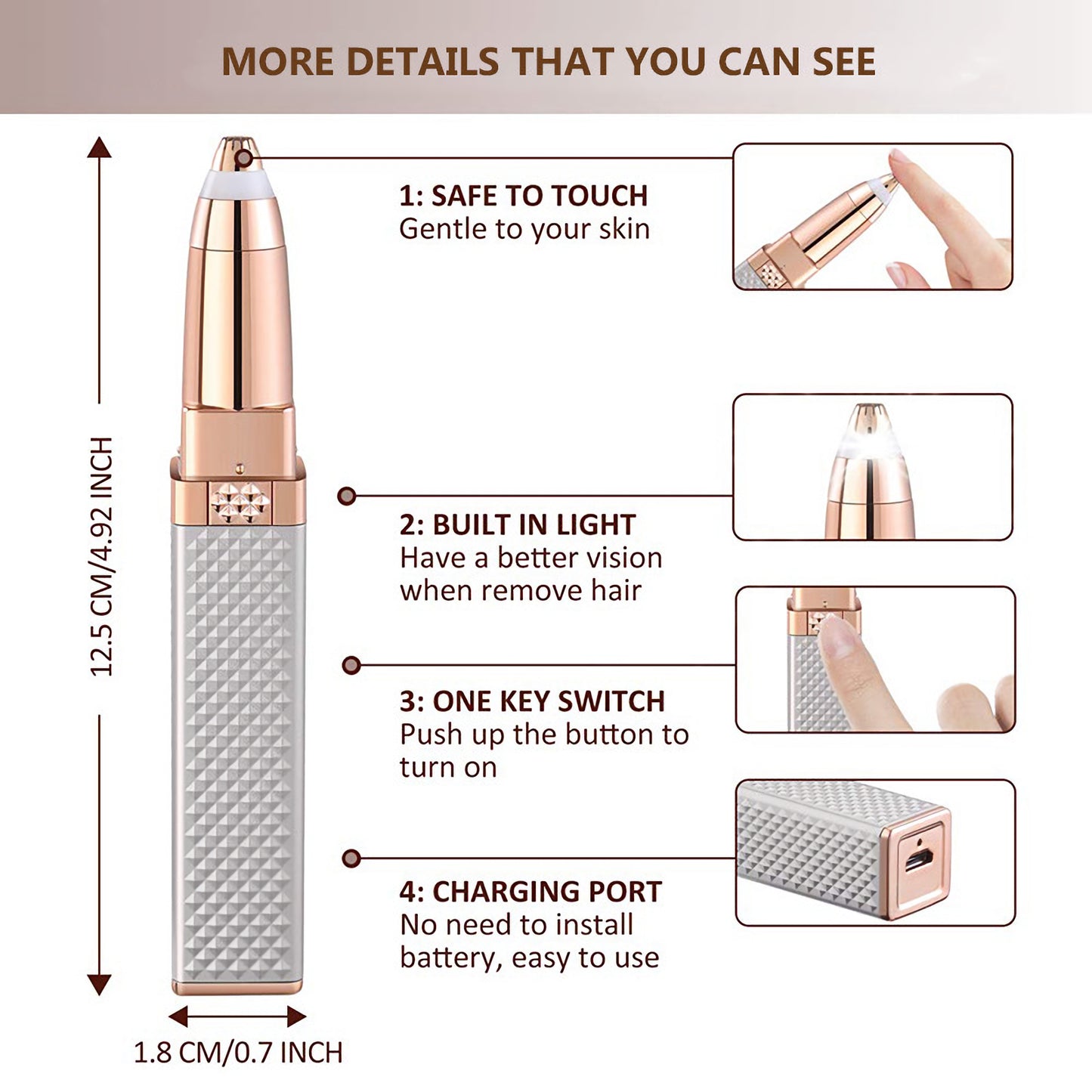 1pc Eyebrow & Facial Hair Removal For Women, 2 In 1 Eyebrow Razor And Painless Hair Shaver Rechargeable With Built-in LED Light For Face Peach Fuzz Eyebrow Lips Body Chin Arms