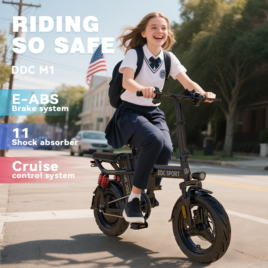 740W Peak Motor, 20 MPH Speed, 48V20Ah Lithium Battery, DDC M1 Electric Bike for Adults, Max Range 40 Miles, Cruise Control, 3-step Folding, 11 Shock, 14 Inch Tires, Commuting, Gifts for Youngster, School, Commuting, Weekend
