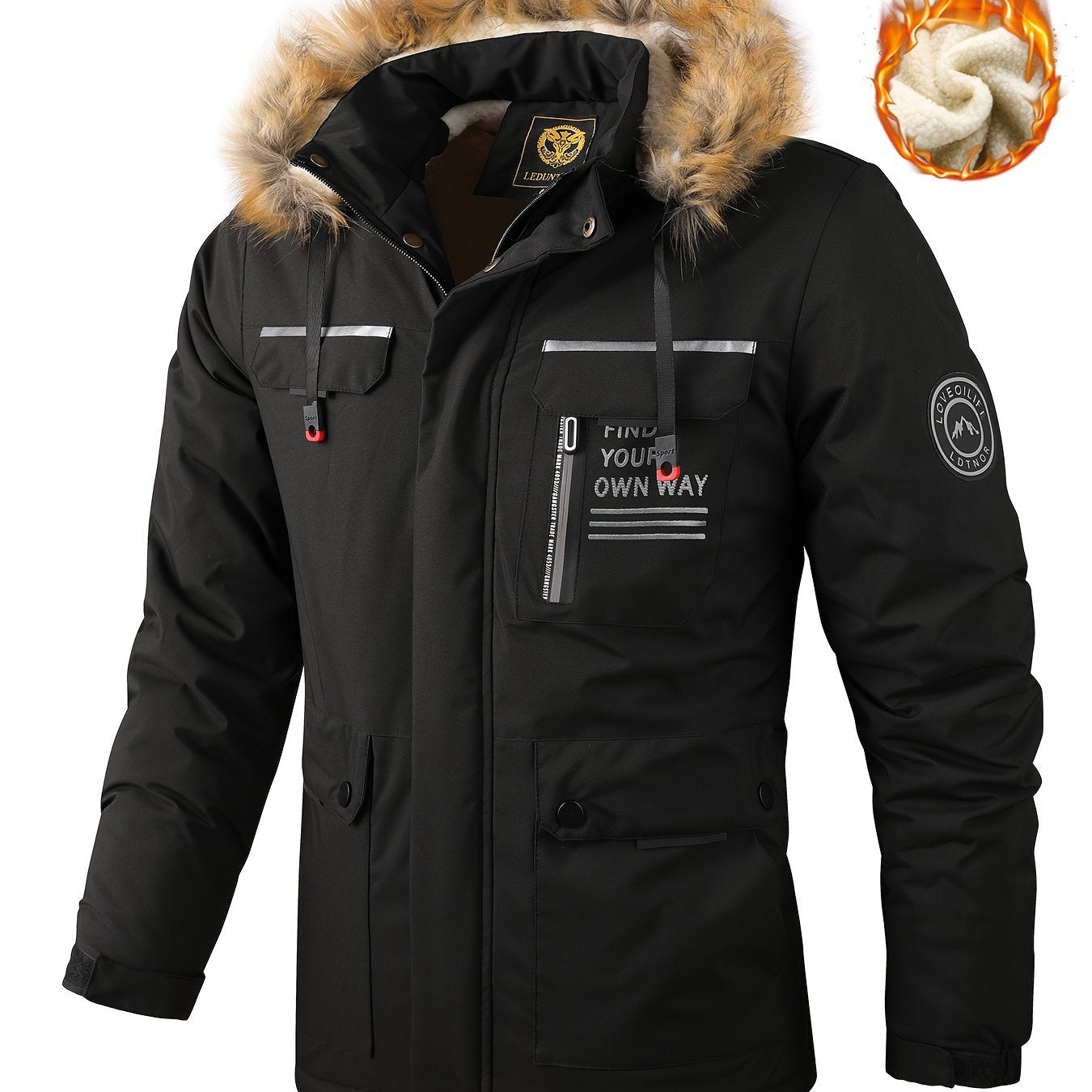 New Fall/Winter, Men's Flap Pocket Padded Jacket, With Faux Fur Hoodie Coat