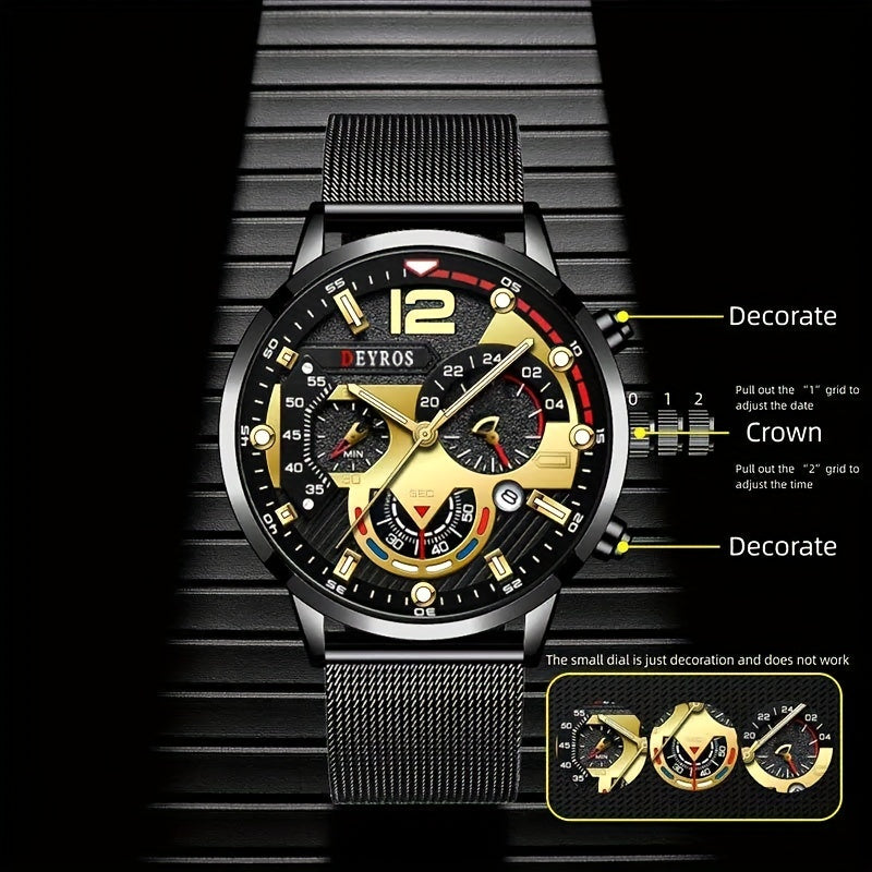 DEYROS Mens Elegant Quartz Watch – Sleek Mesh Strap, Date Display, for Business & Casual Wear