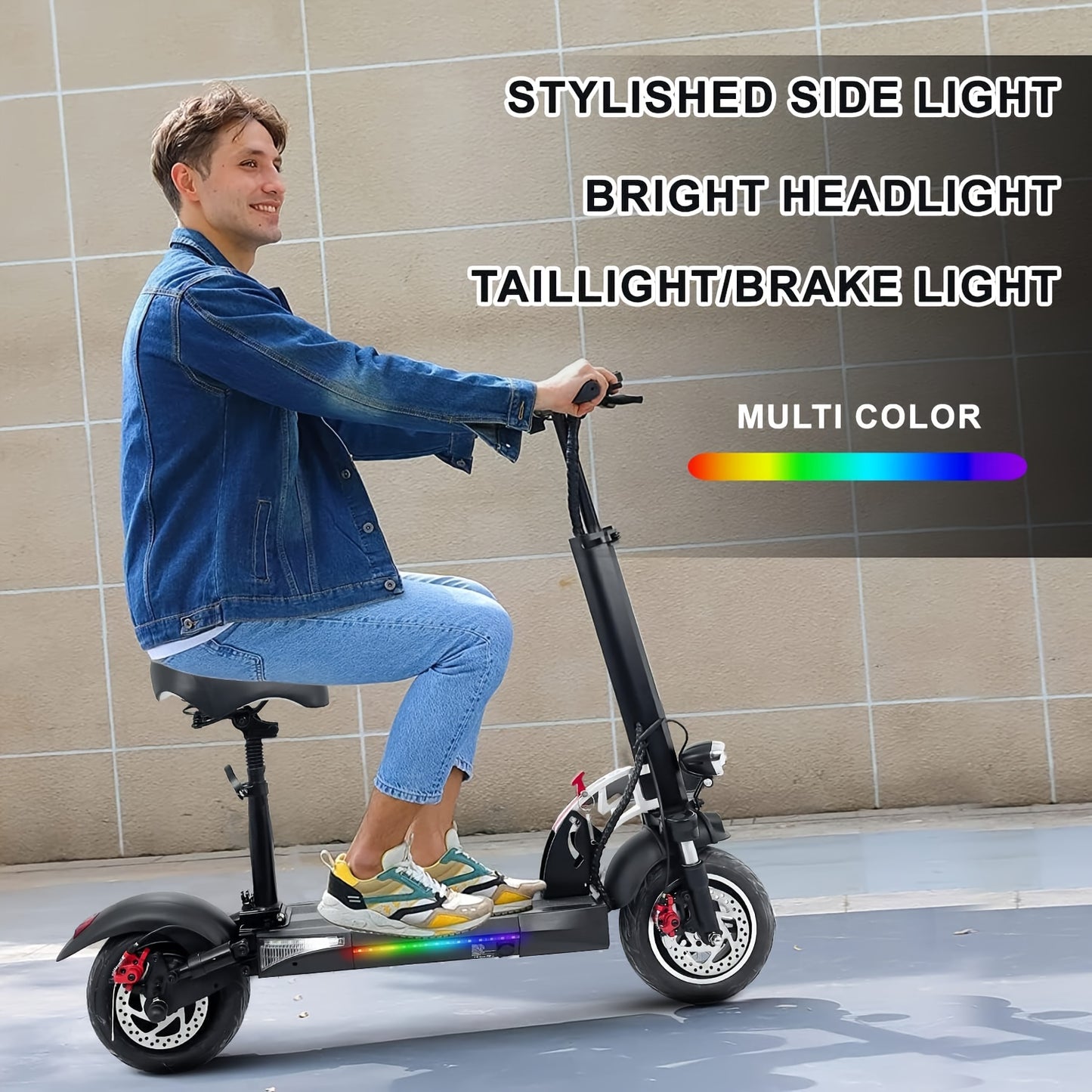 Electric Scooter Adults with Seat, 48v15a 10" Pneumatic Tires City Kick Scooter max 45-55 km max load of 330lbs Dual Brake & Suspension Foldable Commuter E-Scooter with Ambient Lights Halloween Gift