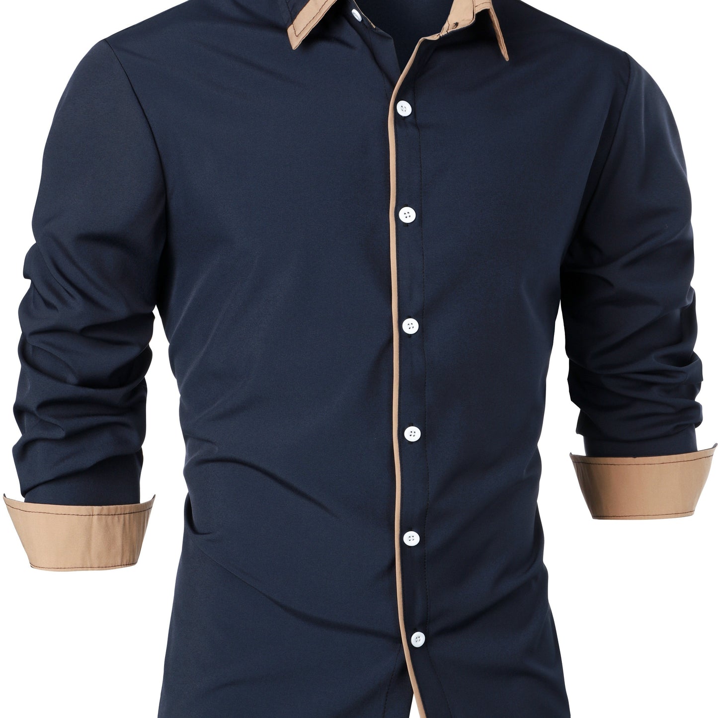Mature Style Men's Casual Trim Contrast Button Long Sleeve Shirt, Spring Fall