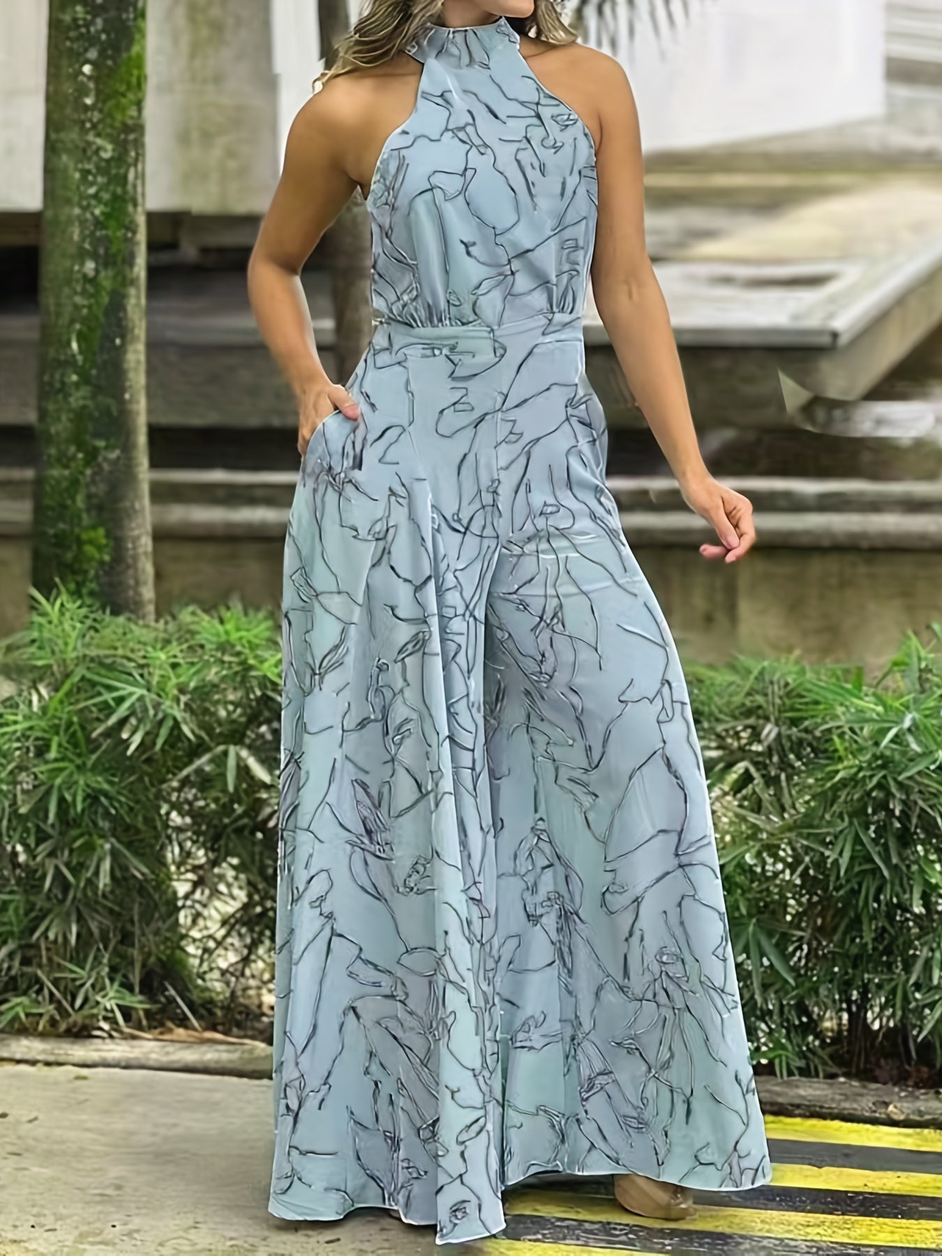 Elegant Waist Halter Jumpsuit, Casual Print Tie Sleeveless Waist Summer Wide Leg Long Pant Jumpsuit, Women's Clothing