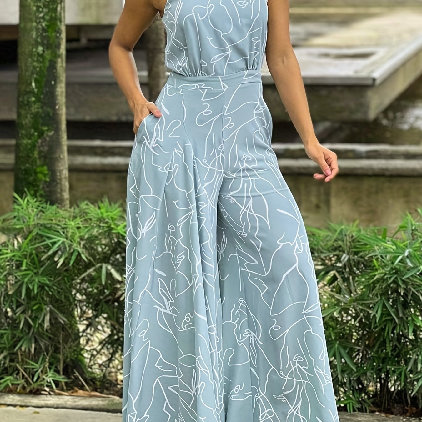 Elegant Waist Halter Jumpsuit, Casual Print Tie Sleeveless Waist Summer Wide Leg Long Pant Jumpsuit, Women's Clothing