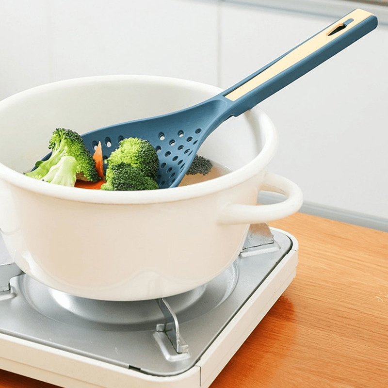 1pc Premium 2-in-1 Cooking Spoon Strainer - Long Handle Colander with Clip for Easy Widen Draining, Noodles Blanched Water Scoop, Space-Saving Kitchen Utensils for Cooking and Serving