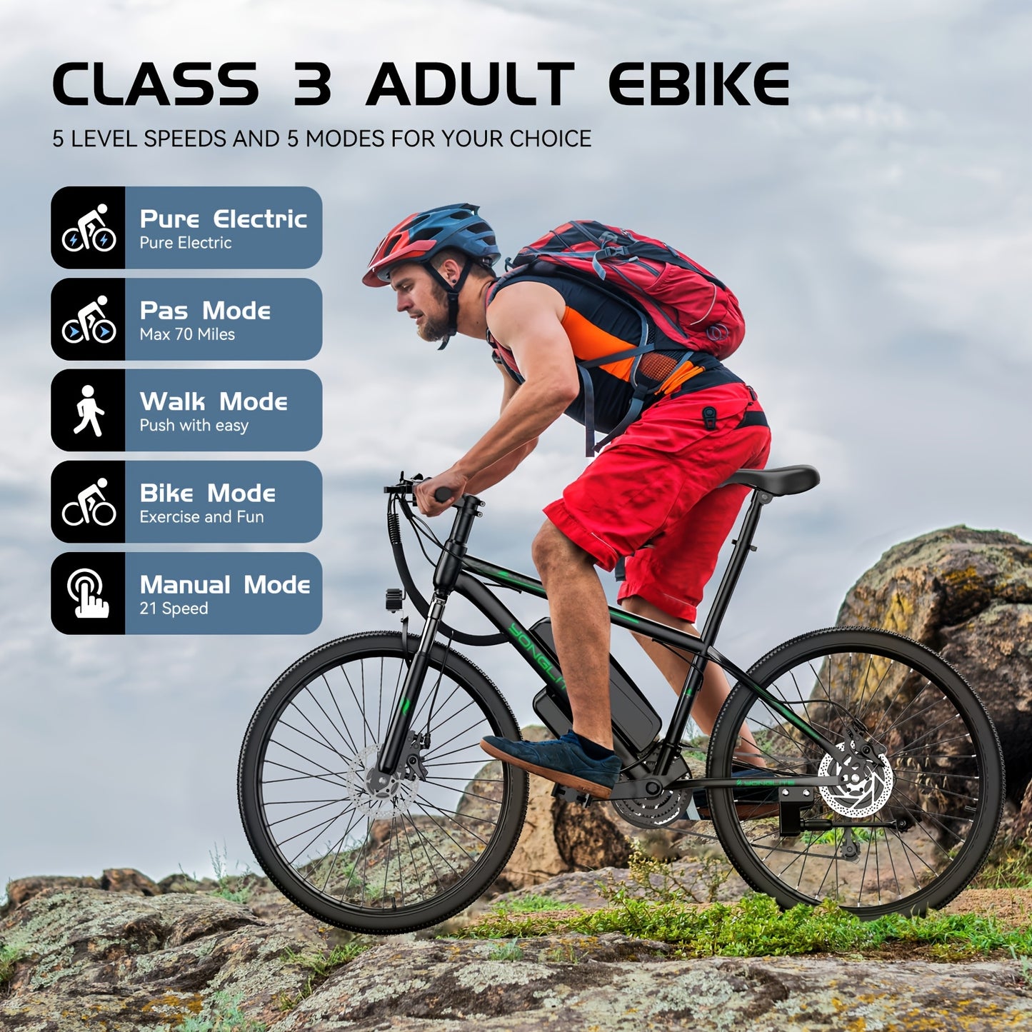 26" Electric Bike for Adults, 21-Speed Mountain EBike with 500W Peak Motor, Up to 20 MPH, 60 Miles Max Range, Electric Bicycle with Removable Battery & 5-Working Modes