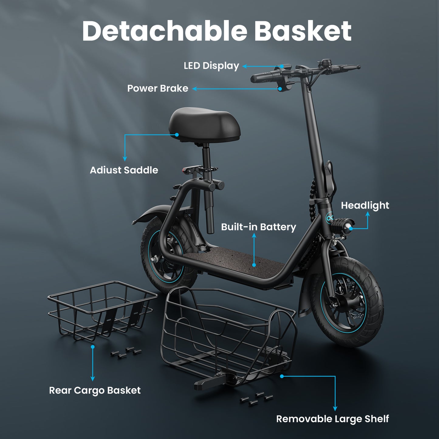 Electric Scooter with Seat for Adults, 550W Powerful Motor, 20-Mile Range, Speed up to 18.6MPH, Ample Storage for Pets & Cargo
