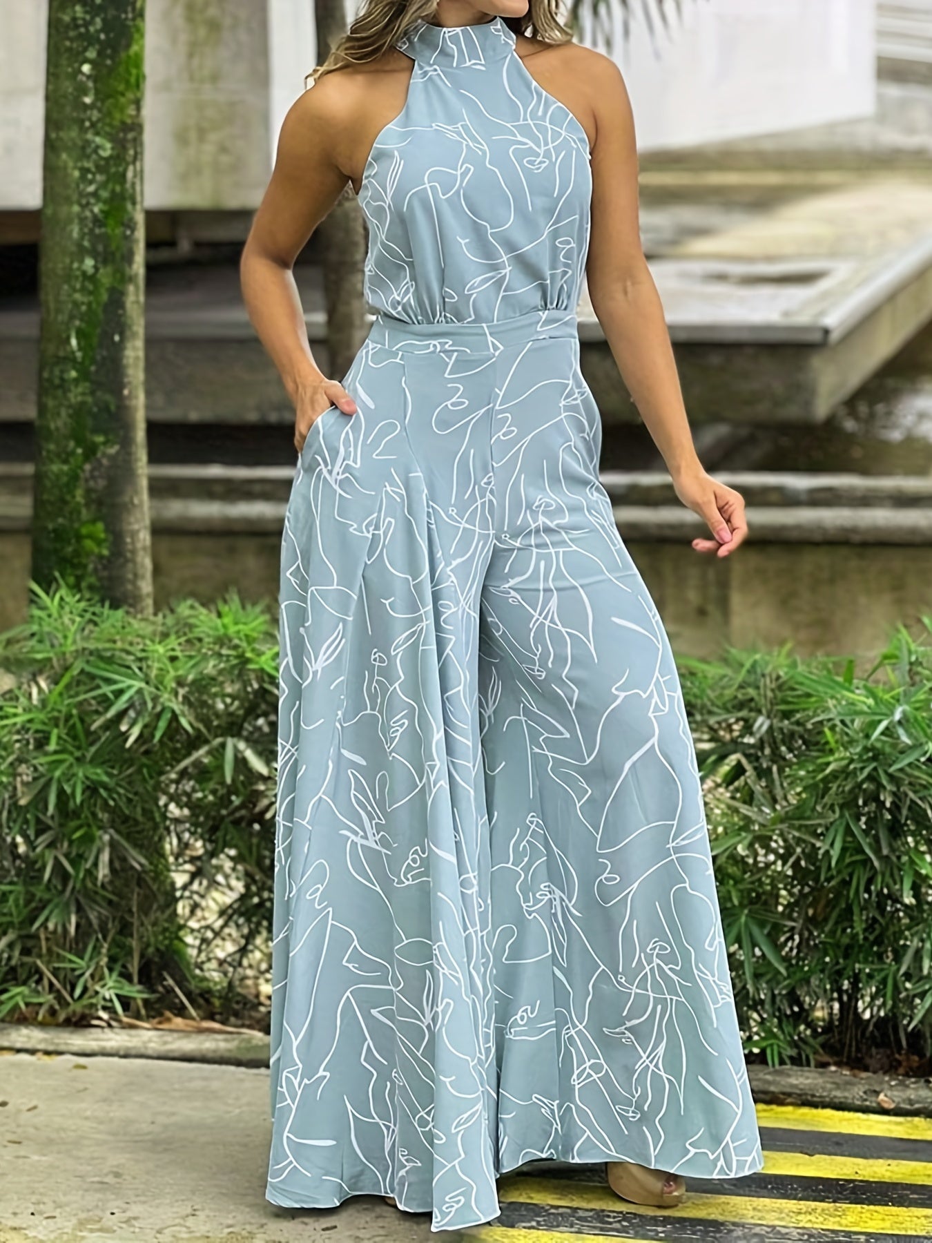 Elegant Waist Halter Jumpsuit, Casual Print Tie Sleeveless Waist Summer Wide Leg Long Pant Jumpsuit, Women's Clothing