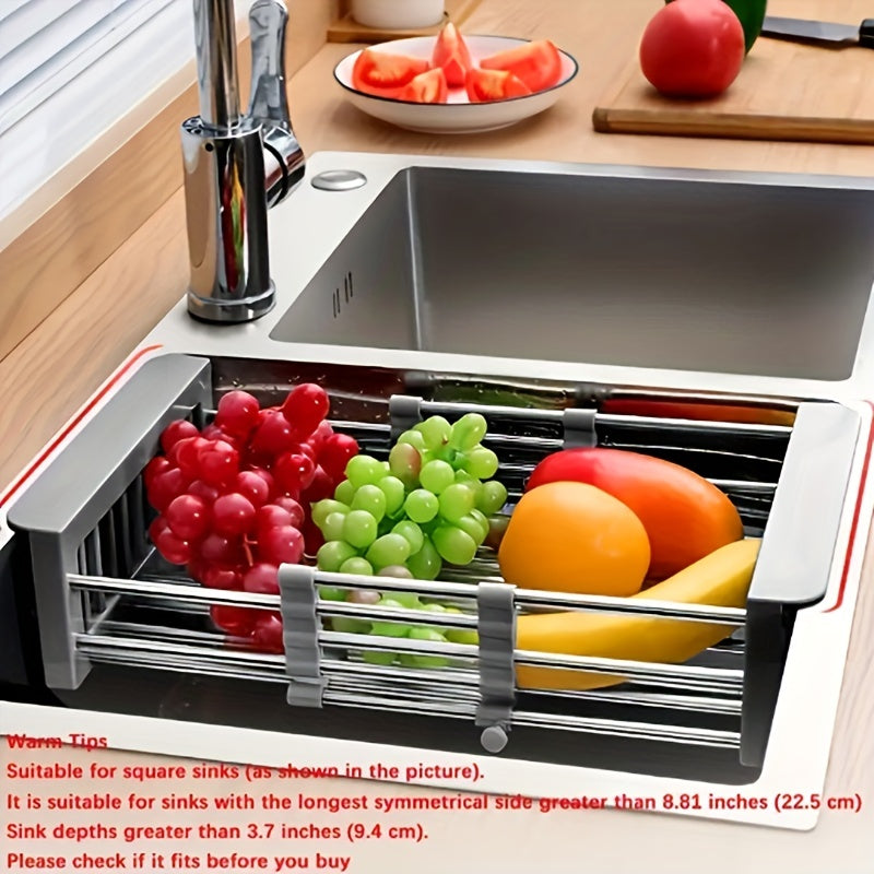 1pc, Sink Colander, Vegetable Sink Washing Basket, Fruit Drain Basket Rack, Stainless Steel Drain Basket, Strainer Basket, Adjustable Sink Rack, Multifunctional Colander, Kitchen Stuff, Kitchen Gadgets, Kitchen Accessories