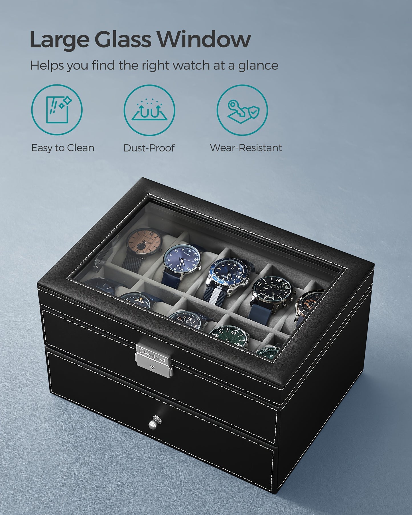 SONGMICS 20-Slot Watch Box, Watch Case With Glass Lid, 2 Layers, Lockable Watch Display Case, Black Synthetic Leather, Gray Lining, The Best Christmas Gifts For Men, Women, Father, Mother And Friends