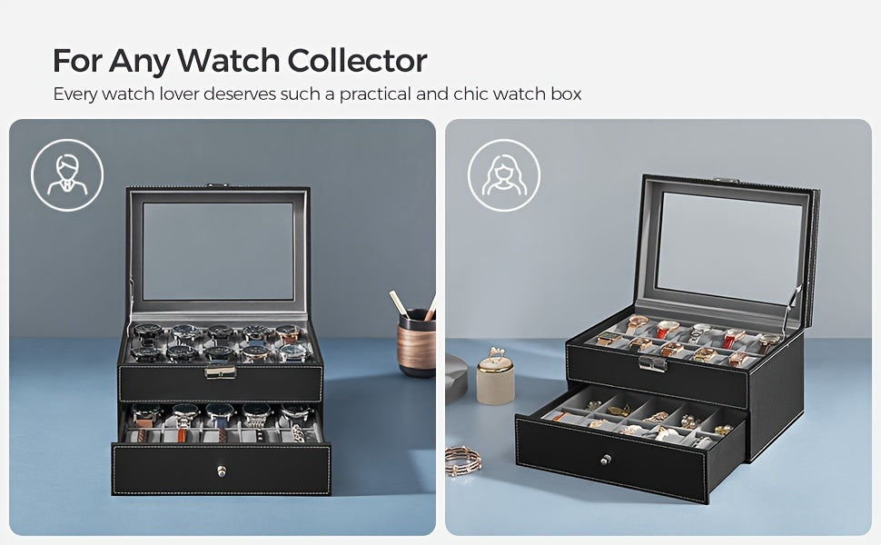 SONGMICS 20-Slot Watch Box, Watch Case With Glass Lid, 2 Layers, Lockable Watch Display Case, Black Synthetic Leather, Gray Lining, The Best Christmas Gifts For Men, Women, Father, Mother And Friends