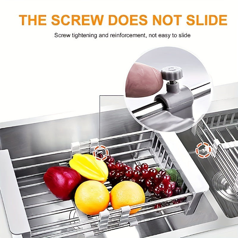 1pc, Sink Colander, Vegetable Sink Washing Basket, Fruit Drain Basket Rack, Stainless Steel Drain Basket, Strainer Basket, Adjustable Sink Rack, Multifunctional Colander, Kitchen Stuff, Kitchen Gadgets, Kitchen Accessories