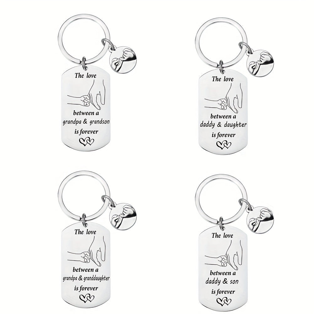 Stainless Steel Keychain with Hand-in-Hand Family Love Design for Father or Grandfather - Cute Metallic Handshake Keyring Gift Unplated, Non-braided – Pack of 1