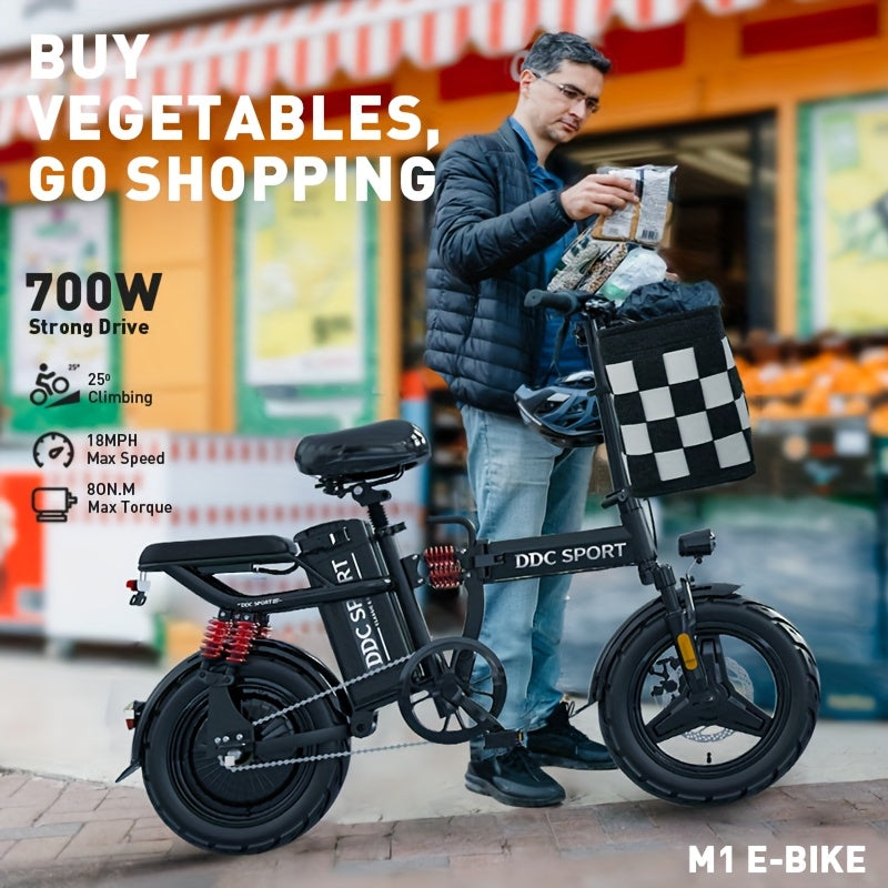 740W Peak Motor, 20 MPH Speed, 48V20Ah Lithium Battery, DDC M1 Electric Bike for Adults, Max Range 40 Miles, Cruise Control, 3-step Folding, 11 Shock, 14 Inch Tires, Commuting, Gifts for Youngster, School, Commuting, Weekend