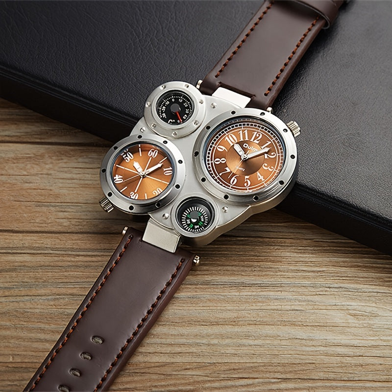 1pc Men's Large Face Outdoor Sports Quartz Watch with Belt Compass, Camping Timepiece, Water Resistant, Shockproof, LED Backlight, Date Display, and Alarm Function for Hiking, Climbing, and Adventure