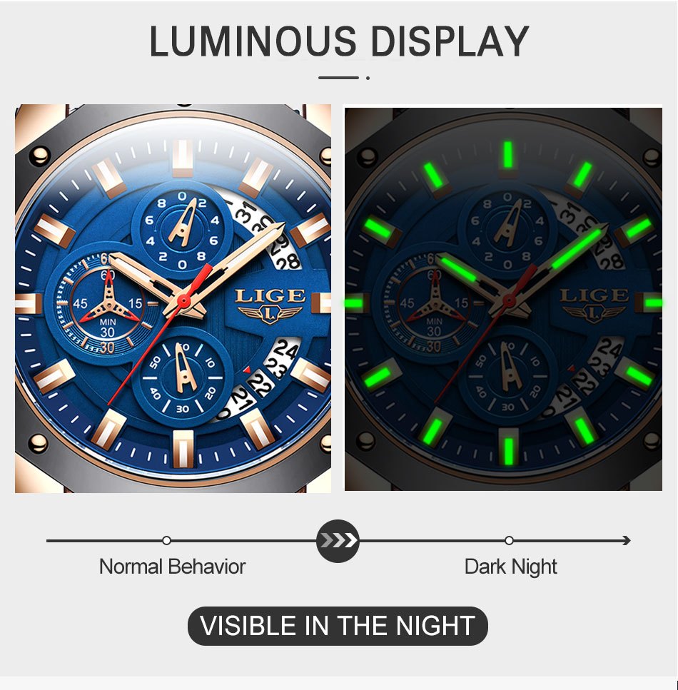 LIGE Mens Watches With Silicone Strap Sport Chronograph Quartz Watch