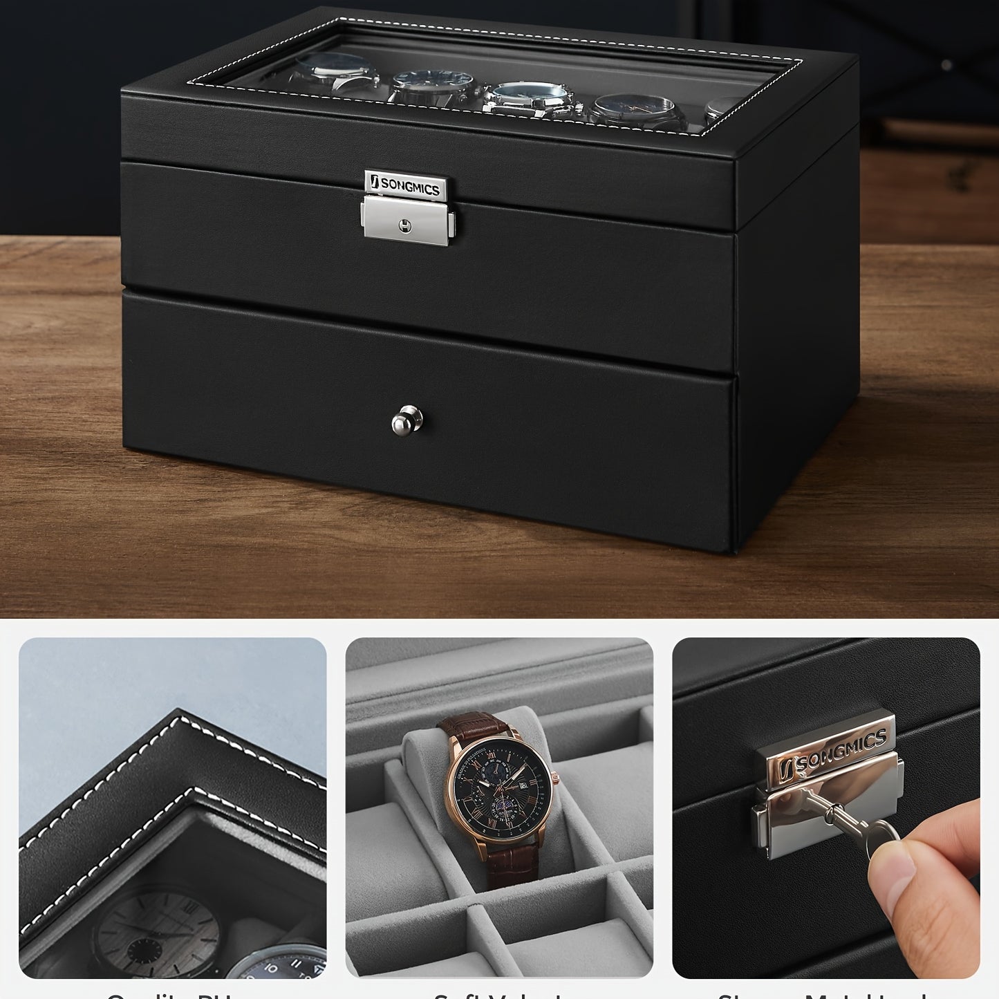 SONGMICS 20-Slot Watch Box, Watch Case With Glass Lid, 2 Layers, Lockable Watch Display Case, Black Synthetic Leather, Gray Lining, The Best Christmas Gifts For Men, Women, Father, Mother And Friends