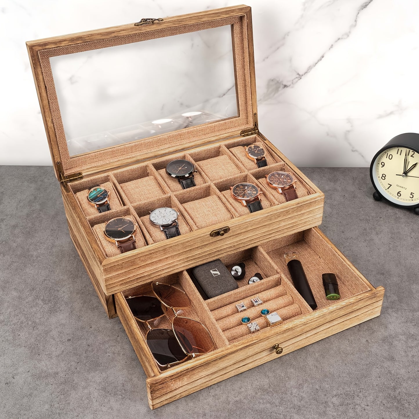 10-Slot Rustic Brown Wooden Watch Box - Large Capacity Watch Case for Men and Women, Display Organizer with Soft Velvet Interior, Perfect Gift for Boyfriend, Fathers Day, Birthday, and Anniversary