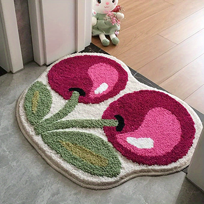 1pc Cute Cherry Bath Mat, Absorbent Microfiber Bathroom Rugs, Fluffy Non-Slip Fruit Shaped Doormat, Bathtub Carpet For Bathroom Kitchen Entryway, Home Decor