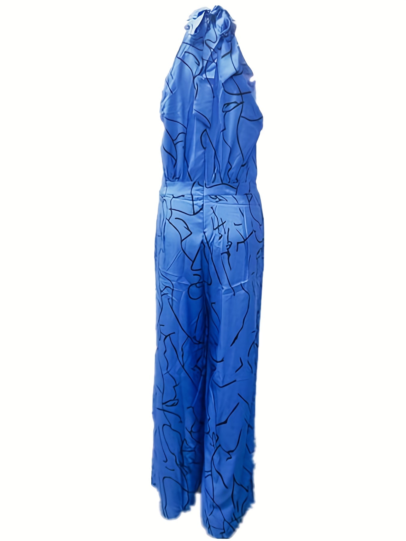 Elegant Waist Halter Jumpsuit, Casual Print Tie Sleeveless Waist Summer Wide Leg Long Pant Jumpsuit, Women's Clothing
