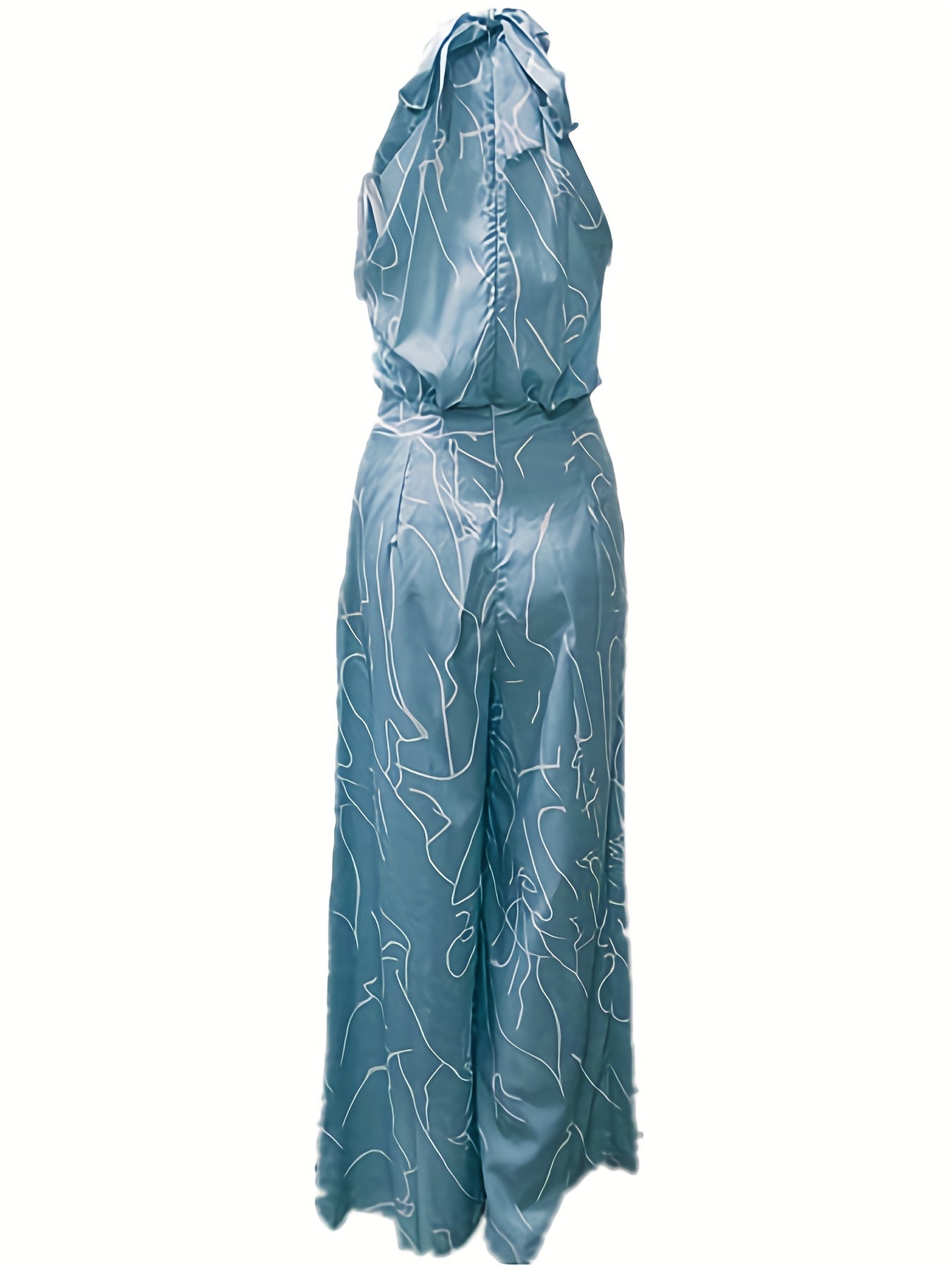 Elegant Waist Halter Jumpsuit, Casual Print Tie Sleeveless Waist Summer Wide Leg Long Pant Jumpsuit, Women's Clothing
