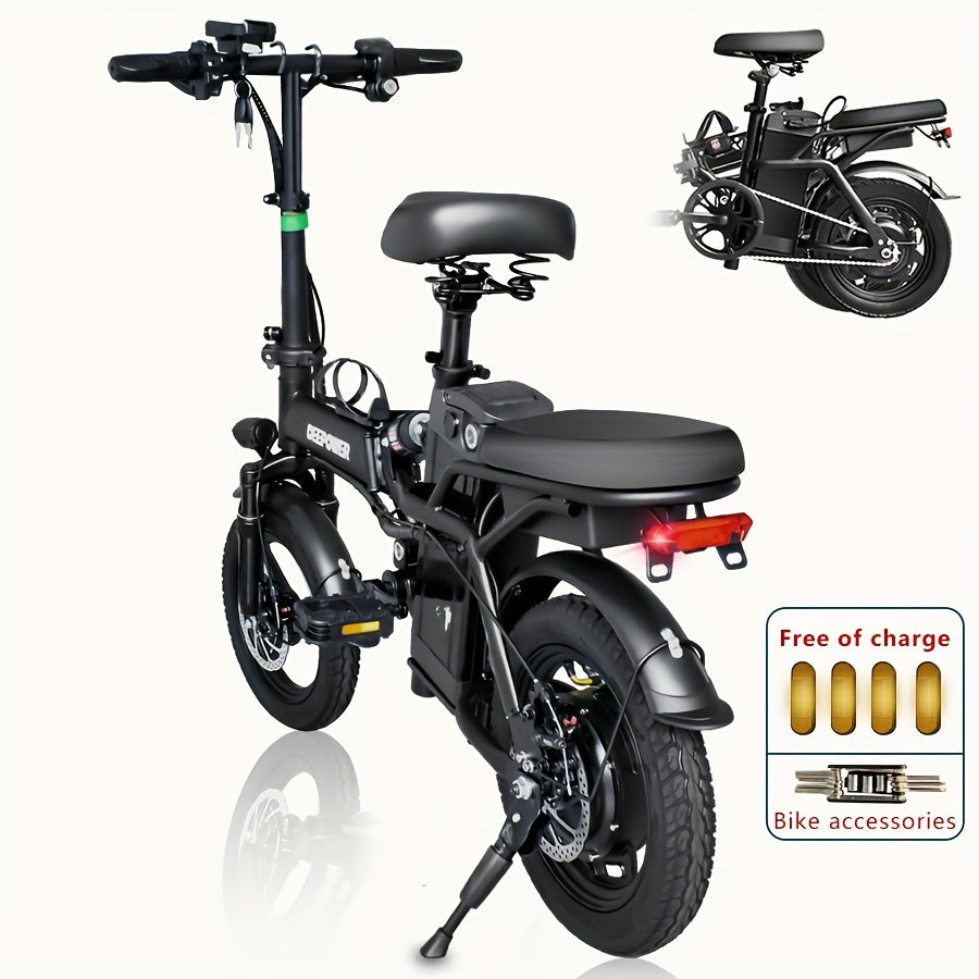 Electric Bike For Adults, 600W Peak 400W Motor, 20 Mph Folding E Bike, 14" Adults Electric Bicycle, 3 Levels Assist, Multi-Shock Mini E Bike With Brake Light, Basket, Water Bottle Rack