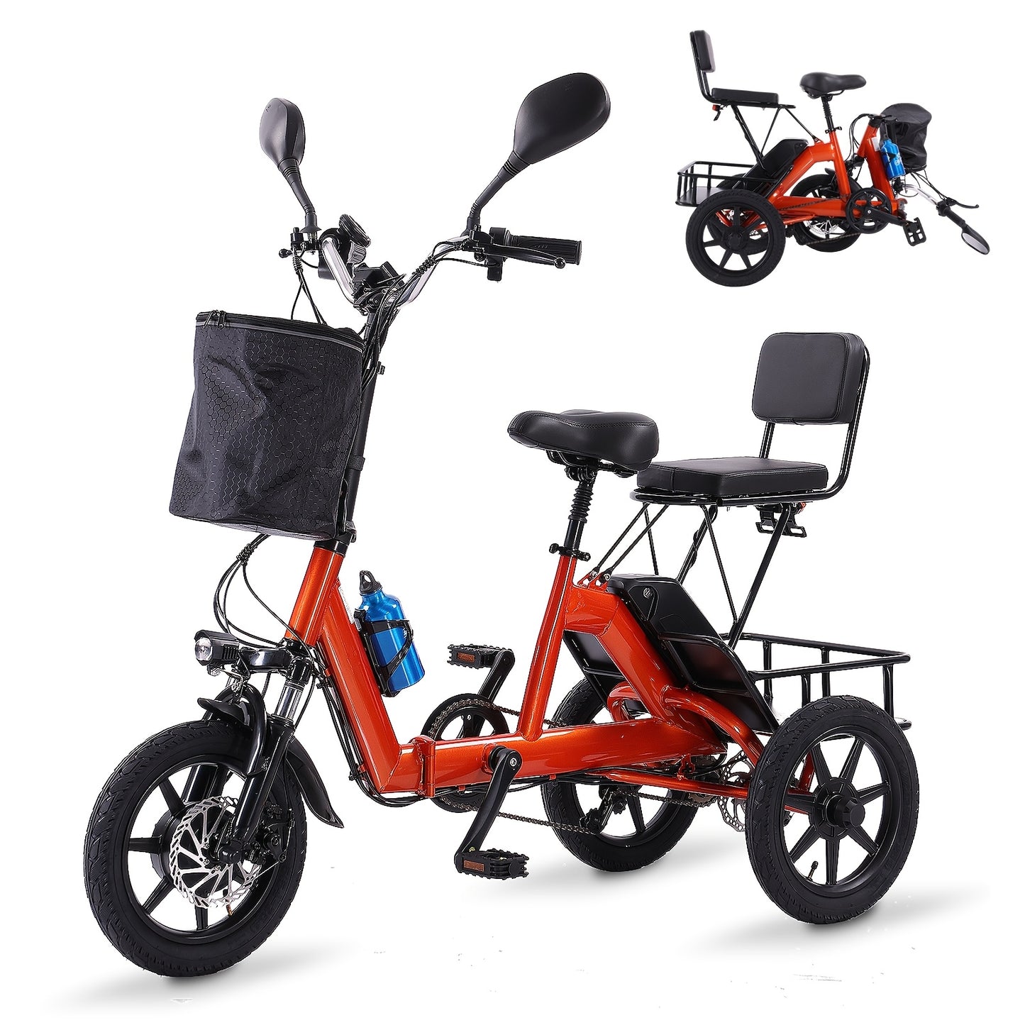 Electric Tricycle for Adults, 350W Folding Electric Trike, 3 Wheel Electric Bike with 480Wh Removable Battery, Ebike with Double Seat and Large Basket