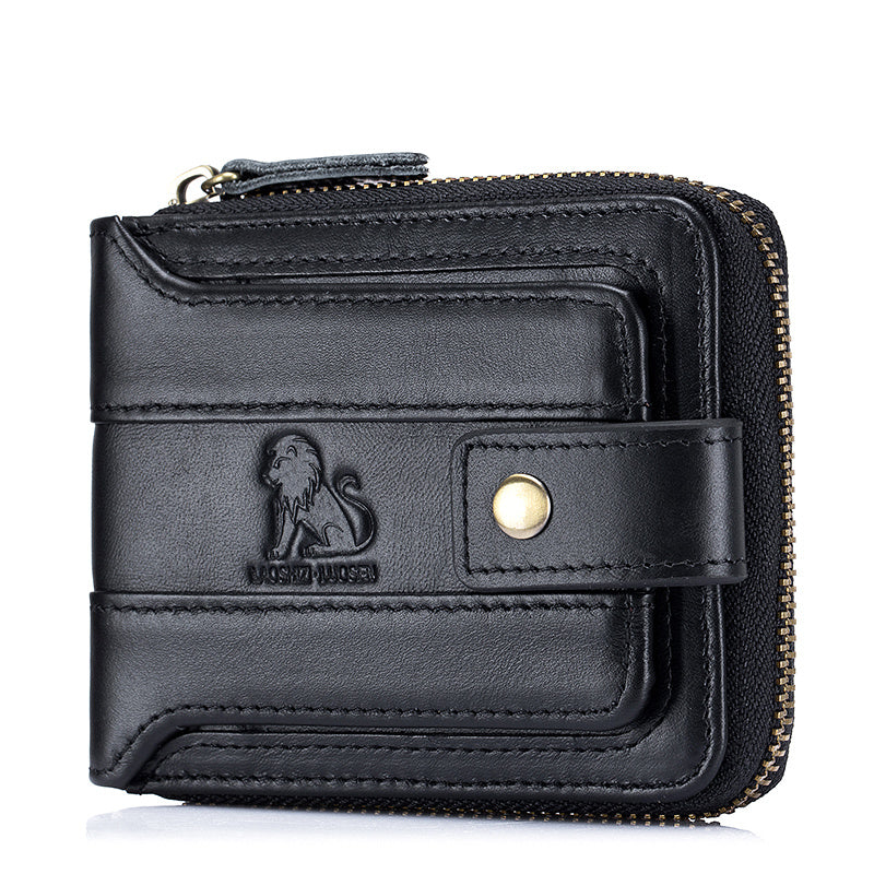 Men's Retro Genuine Leather Multi-Card Wallet with Zip, Large Capacity, Anti-Theft