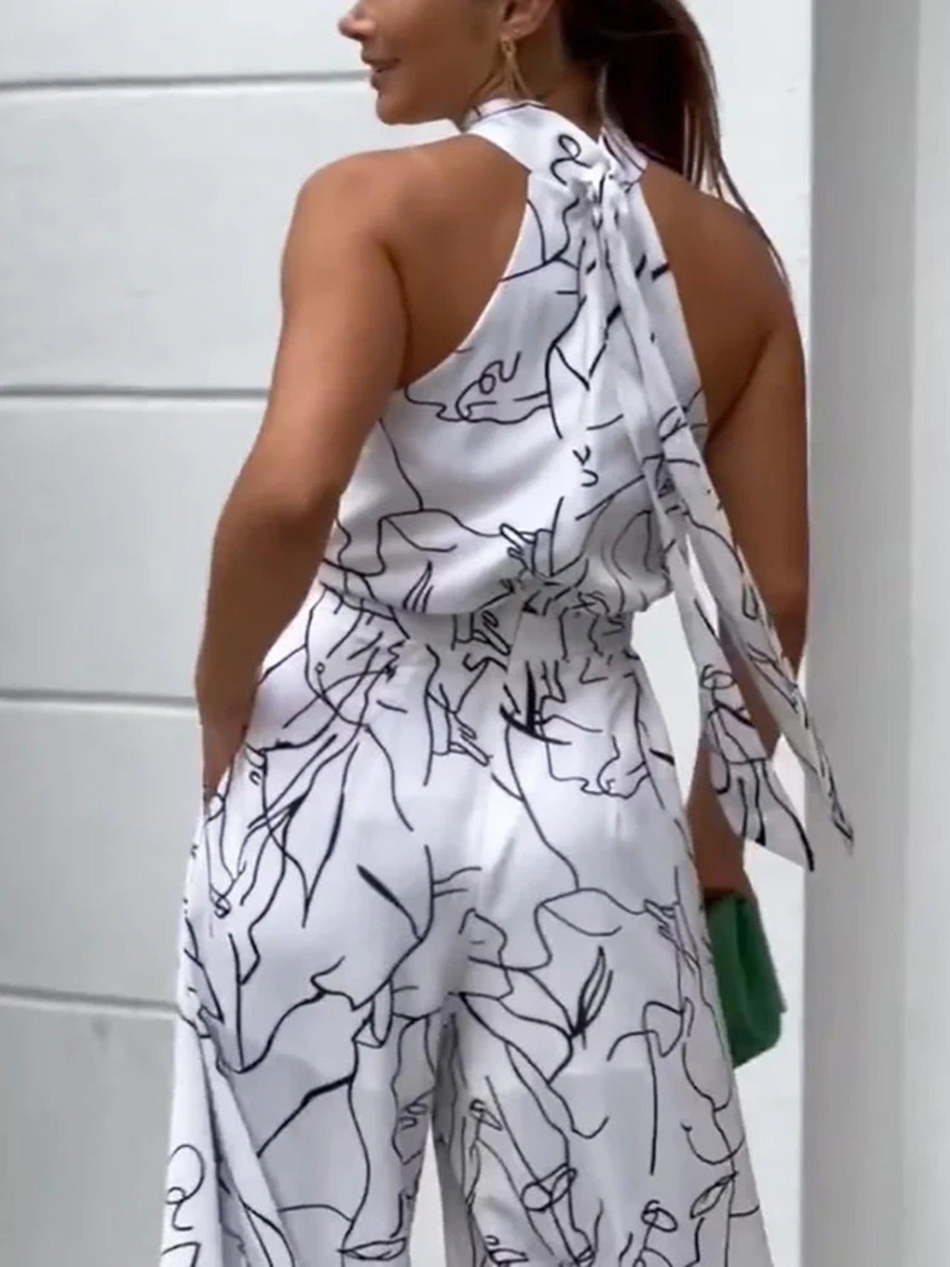 Elegant Waist Halter Jumpsuit, Casual Print Tie Sleeveless Waist Summer Wide Leg Long Pant Jumpsuit, Women's Clothing