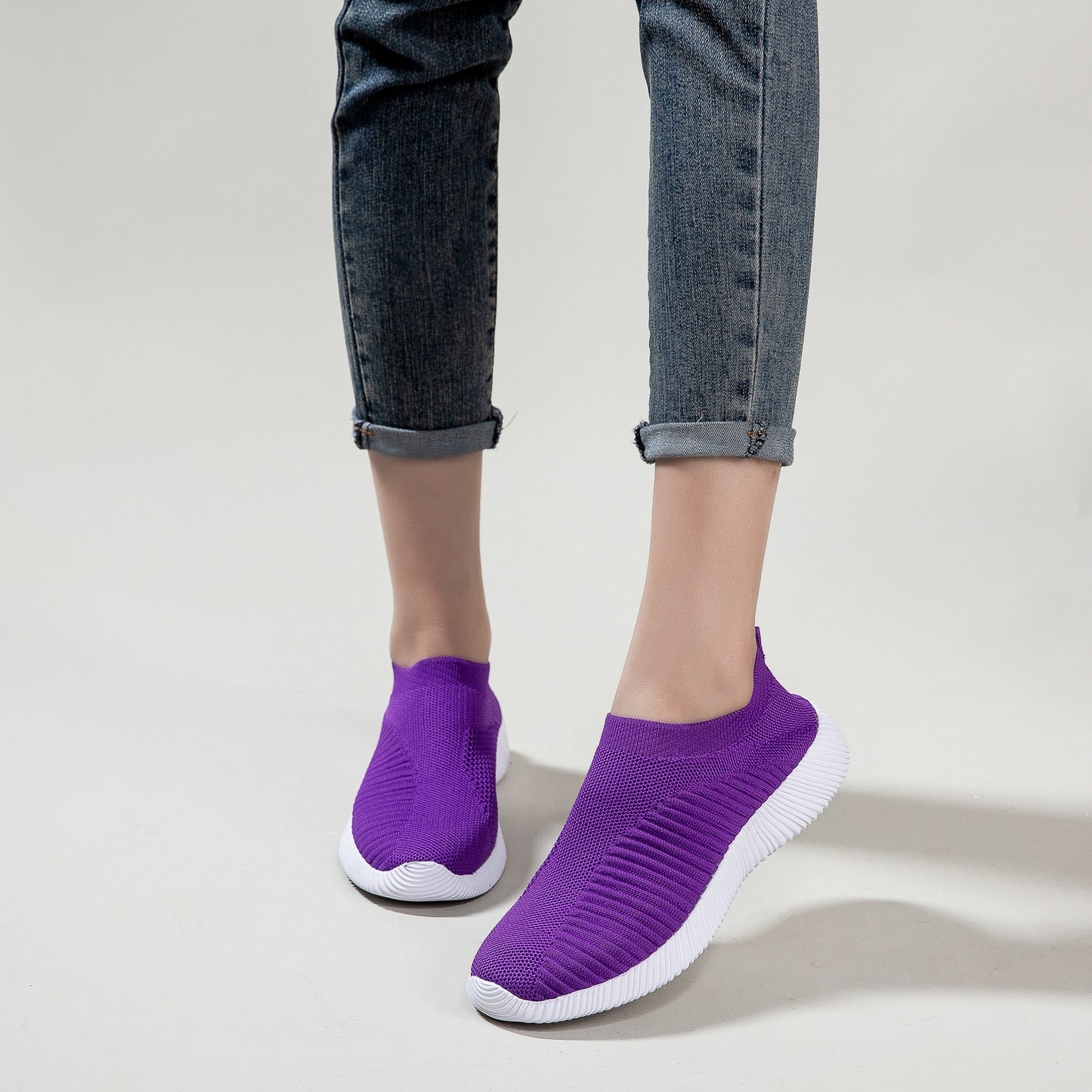 Women's Solid Color Casual Shoes, Lightweight Breathable Slip On Socks Shoes, Low Top Sneakers