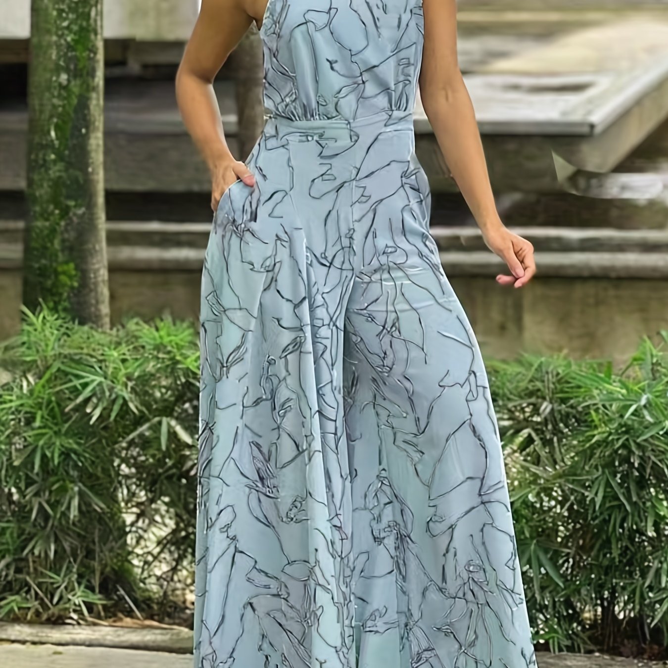 Elegant Waist Halter Jumpsuit, Casual Print Tie Sleeveless Waist Summer Wide Leg Long Pant Jumpsuit, Women's Clothing