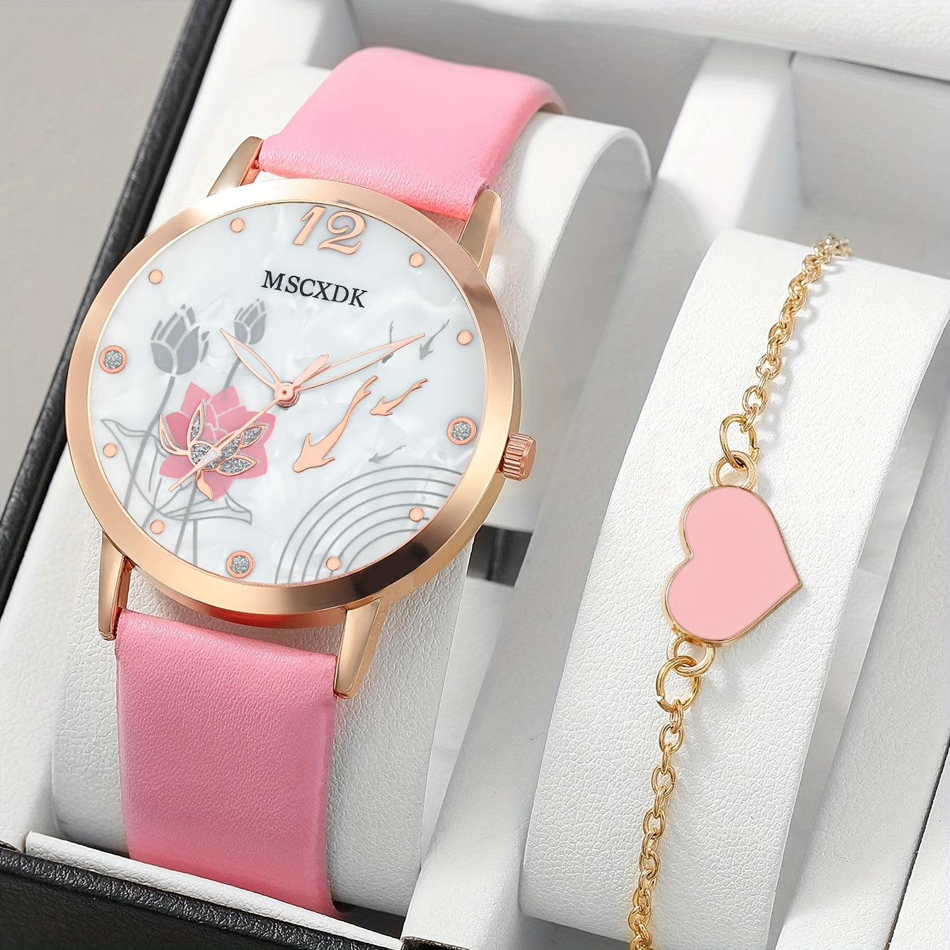 Woman's Quartz Watch Round Rhinestones Shockproof Wristwatch 1Pcs Watch & 1Pcs Bracelet Valentines Gift For Her Woman