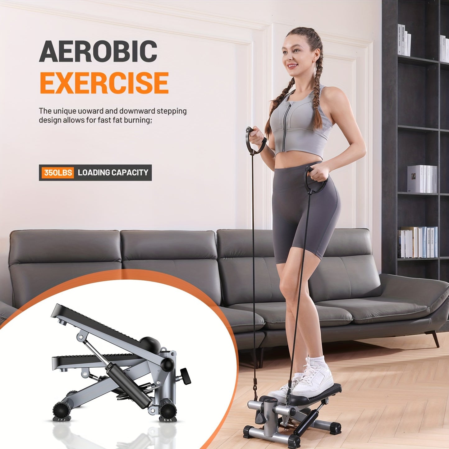Mini Stair Stepper Exercise Machine with Resistance Bands, Tungsten Steel Hydraulic Twist Stepper, Mechanical Control, 300 lbs Capacity, Full Body Cardio Workout Fitness Equipment for Home Use