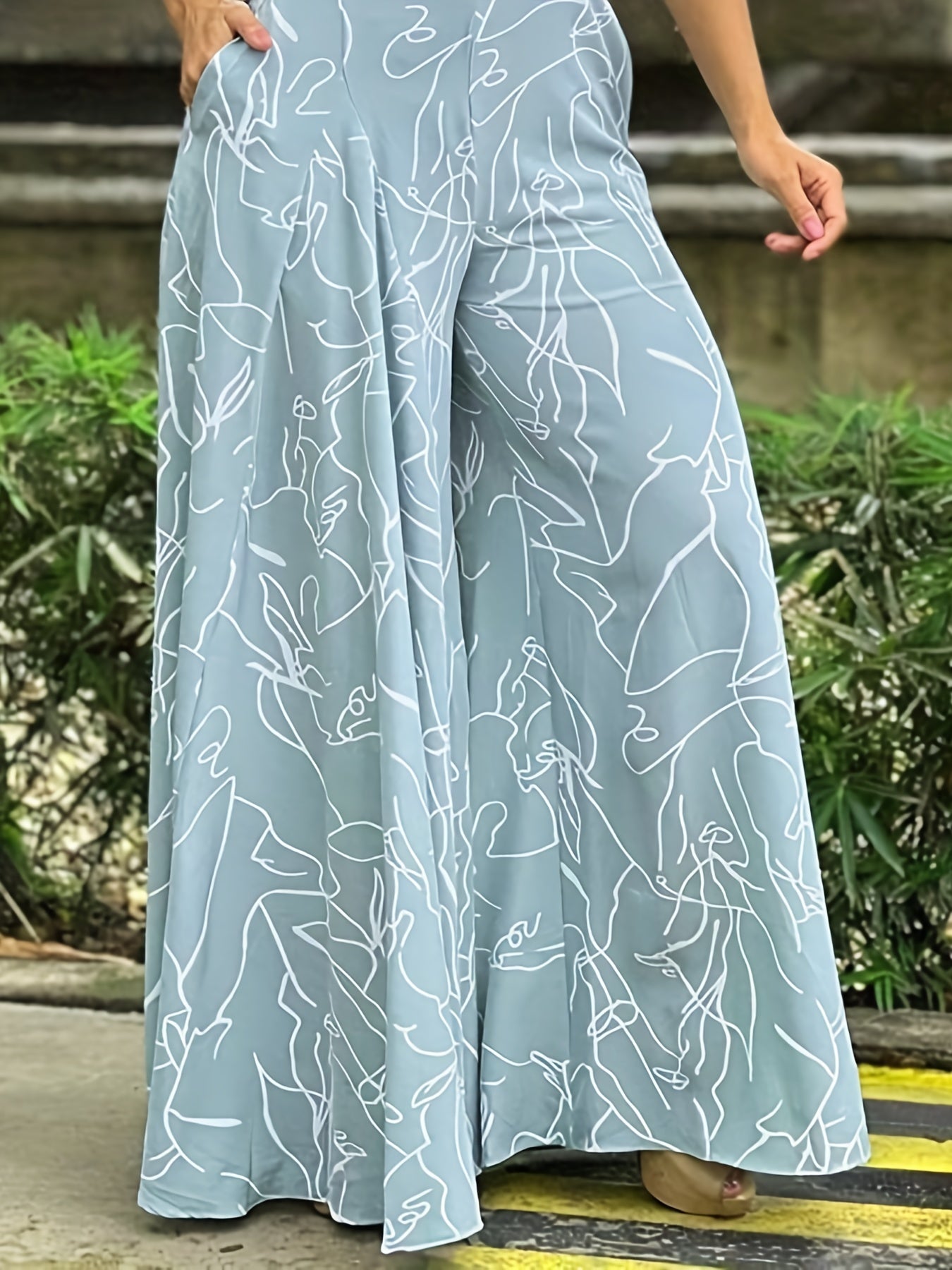 Elegant Waist Halter Jumpsuit, Casual Print Tie Sleeveless Waist Summer Wide Leg Long Pant Jumpsuit, Women's Clothing