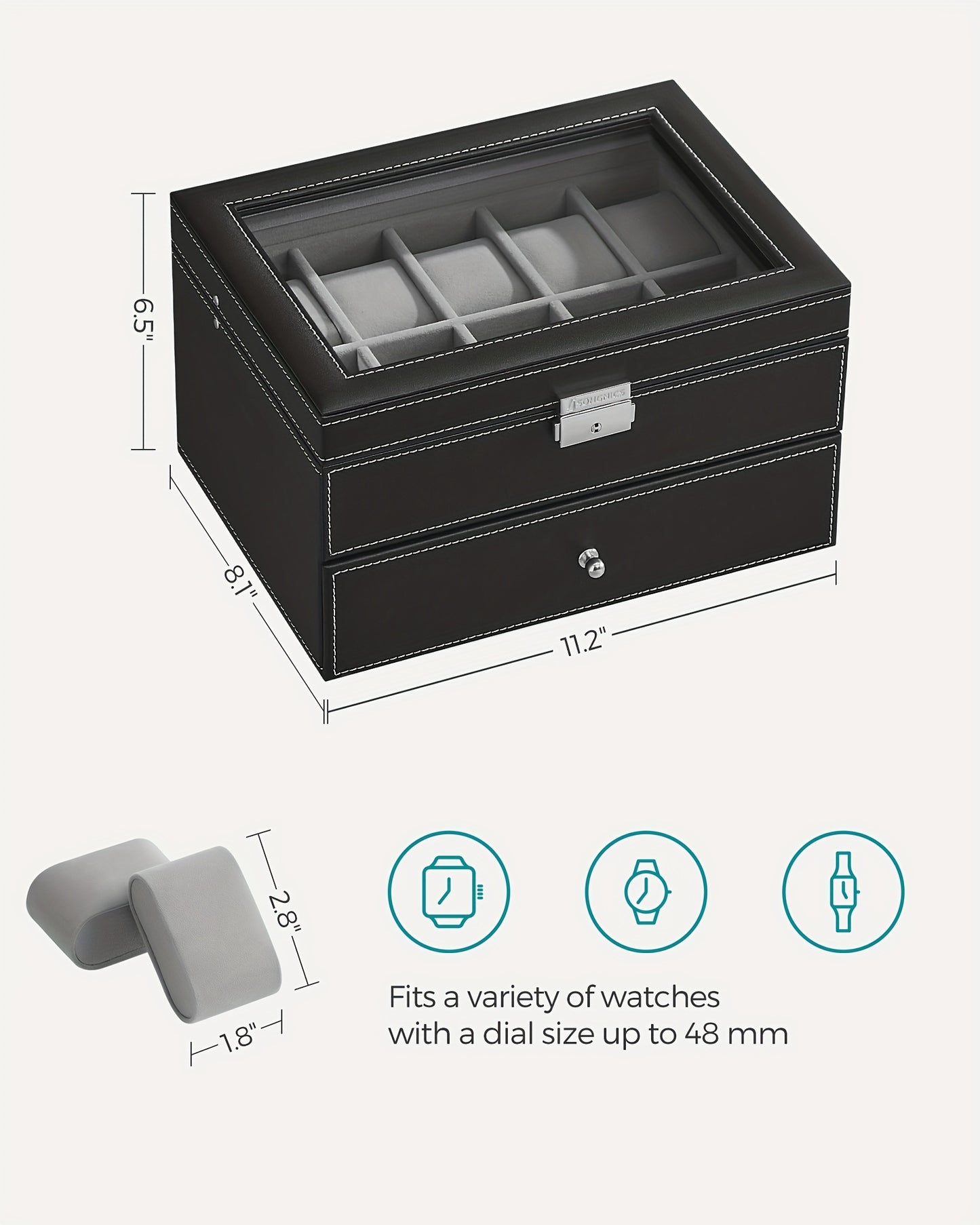 SONGMICS 20-Slot Watch Box, Watch Case With Glass Lid, 2 Layers, Lockable Watch Display Case, Black Synthetic Leather, Gray Lining, The Best Christmas Gifts For Men, Women, Father, Mother And Friends