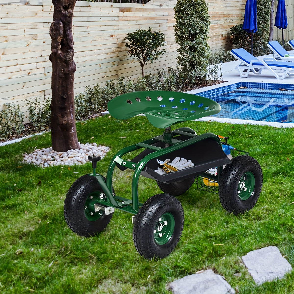 1pc Goplus Garden Cart Gardening Workseat W/Wheels, Patio Wagon Scooter For Planting, Work Seat With Tool Tray And Basket