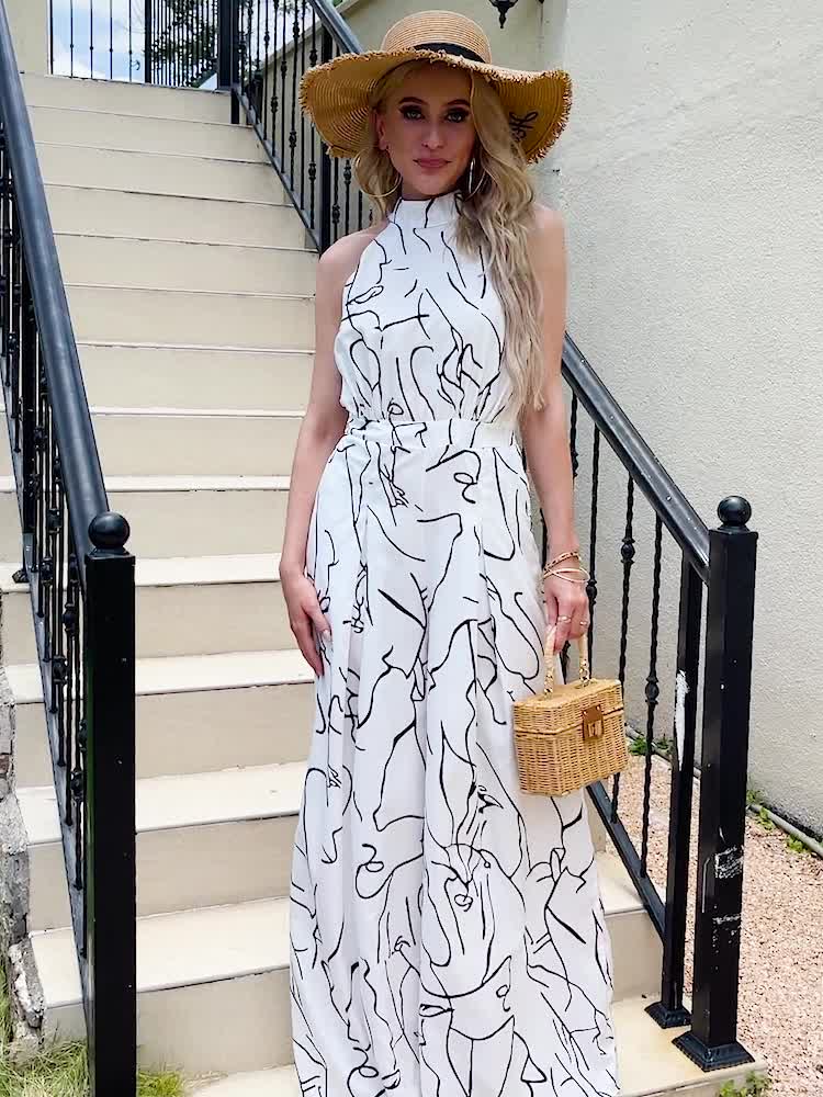 Elegant Waist Halter Jumpsuit, Casual Print Tie Sleeveless Waist Summer Wide Leg Long Pant Jumpsuit, Women's Clothing