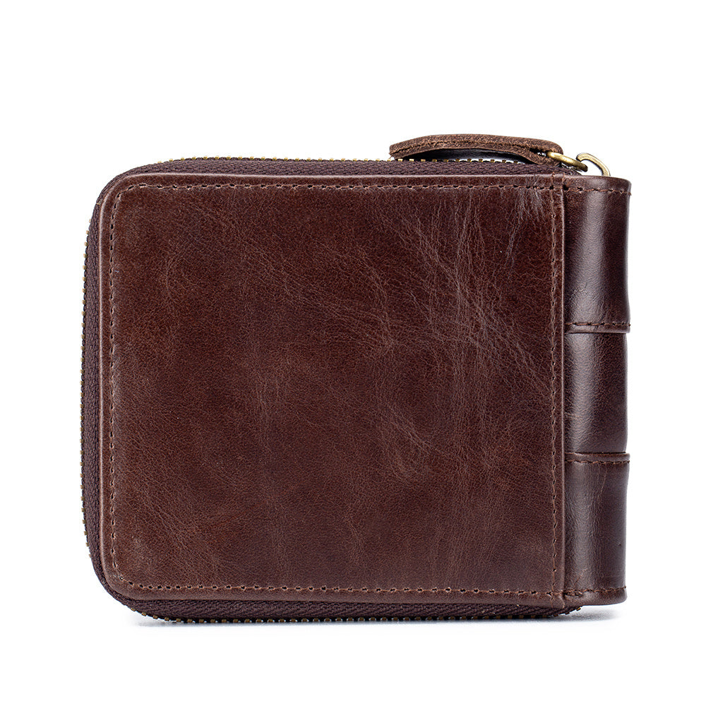 Men's Retro Genuine Leather Multi-Card Wallet with Zip, Large Capacity, Anti-Theft