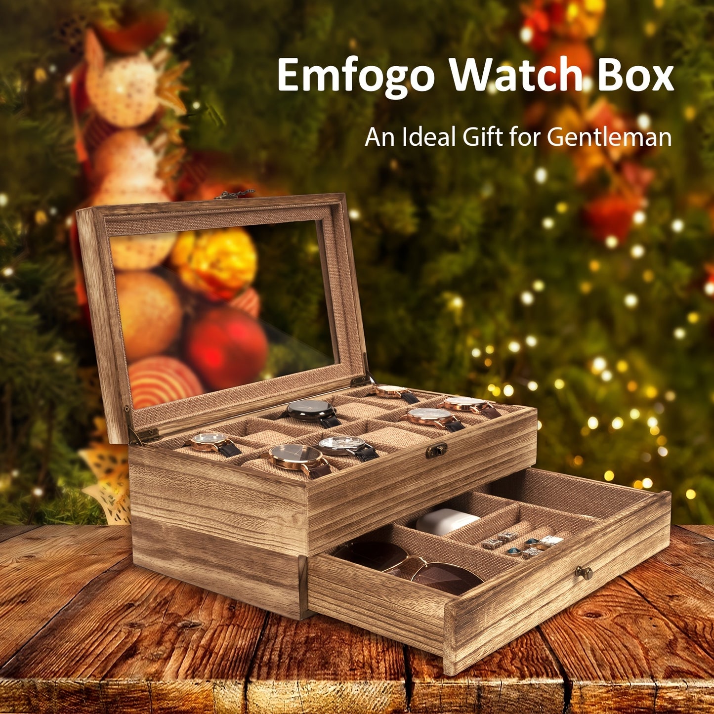 10-Slot Rustic Brown Wooden Watch Box - Large Capacity Watch Case for Men and Women, Display Organizer with Soft Velvet Interior, Perfect Gift for Boyfriend, Fathers Day, Birthday, and Anniversary