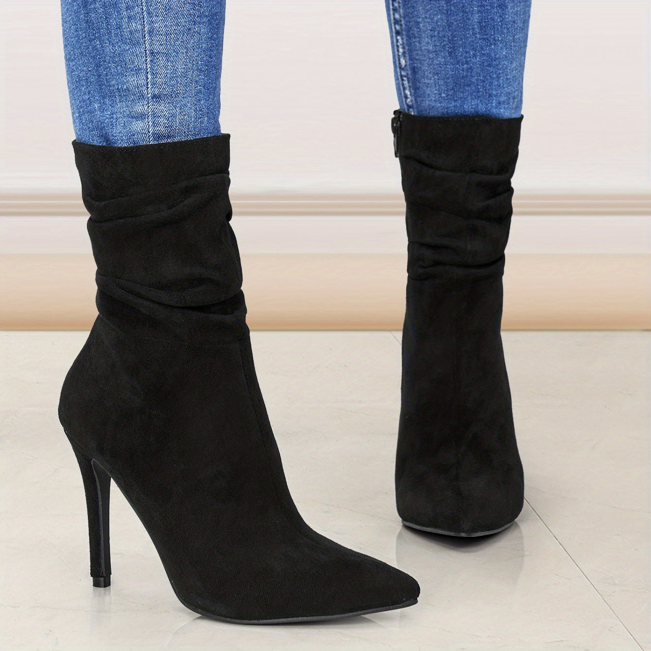 Ultrahigh Heel Stiletto Pointed Toe Slouchy Boots for Women - Zipper Closure, Soft Fabric Inner, PU Faux Leather Insole, Rubber Sole, Perfect for Dress Occasions - Solid Color, Flannel Upper, Comfortable and Stylish