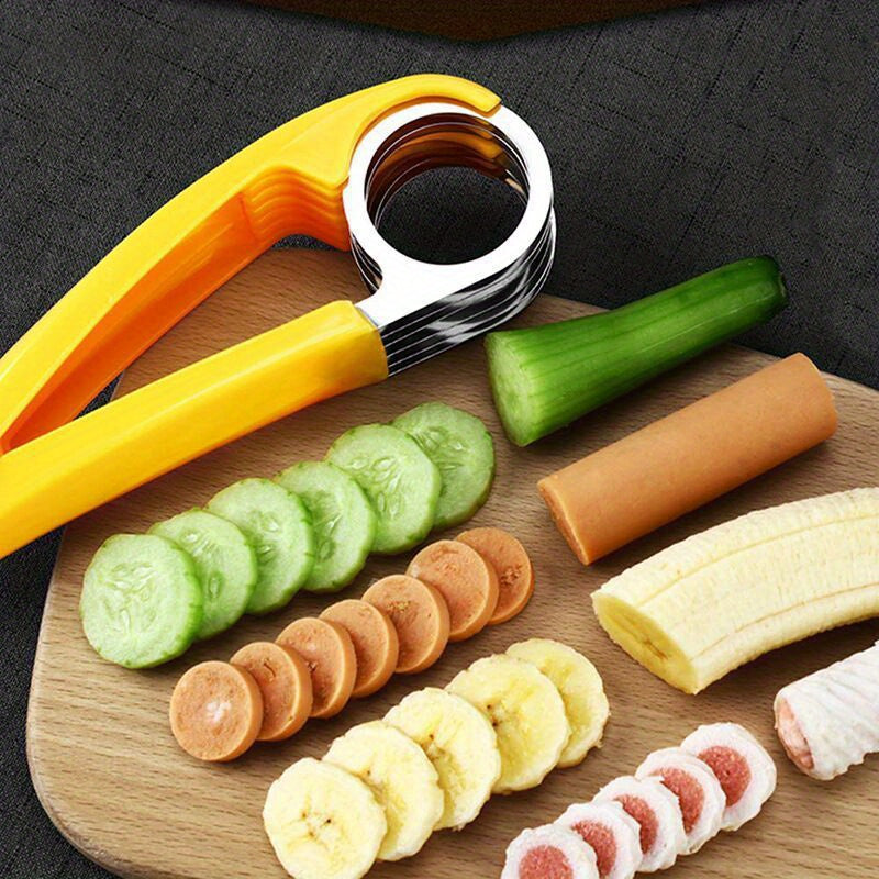 1pc Stainless Steel Hot Dog & Banana Slicer - Multi-Fruit Cutter with Yellow Handle, Kitchen Gadget for Even Sausage and Fruit Slices, Ideal for Home Cooking, Hot Dog Slicer