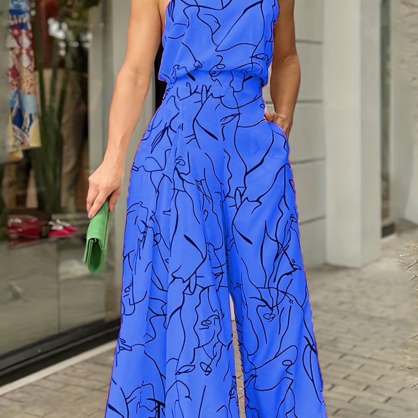 Elegant Waist Halter Jumpsuit, Casual Print Tie Sleeveless Waist Summer Wide Leg Long Pant Jumpsuit, Women's Clothing