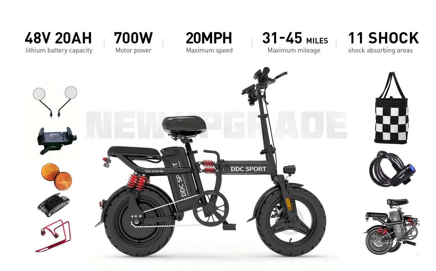 740W Peak Motor, 20 MPH Speed, 48V20Ah Lithium Battery, DDC M1 Electric Bike for Adults, Max Range 40 Miles, Cruise Control, 3-step Folding, 11 Shock, 14 Inch Tires, Commuting, Gifts for Youngster, School, Commuting, Weekend