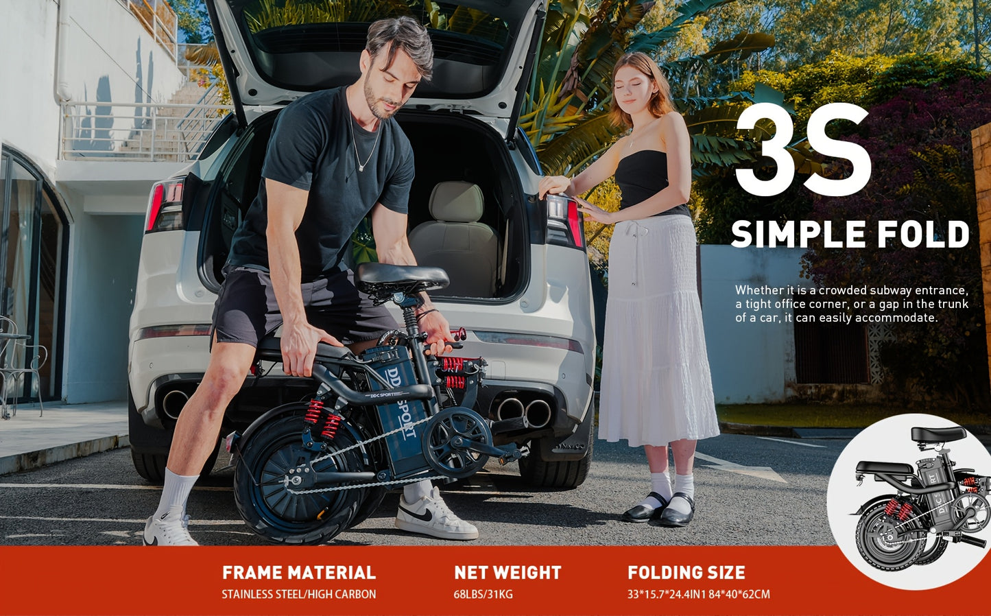 740W Peak Motor, 20 MPH Speed, 48V20Ah Lithium Battery, DDC M1 Electric Bike for Adults, Max Range 40 Miles, Cruise Control, 3-step Folding, 11 Shock, 14 Inch Tires, Commuting, Gifts for Youngster, School, Commuting, Weekend