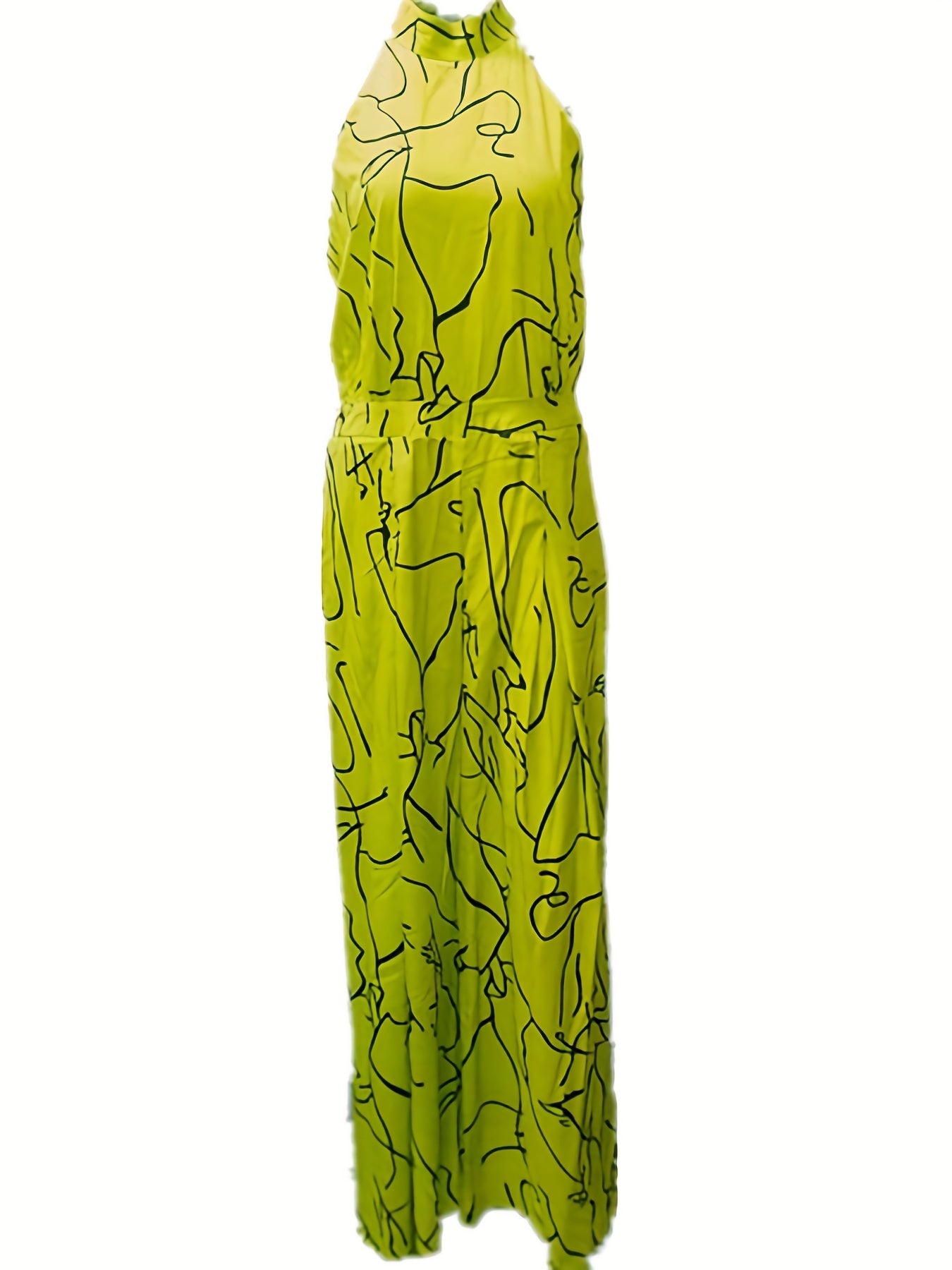 Elegant Waist Halter Jumpsuit, Casual Print Tie Sleeveless Waist Summer Wide Leg Long Pant Jumpsuit, Women's Clothing