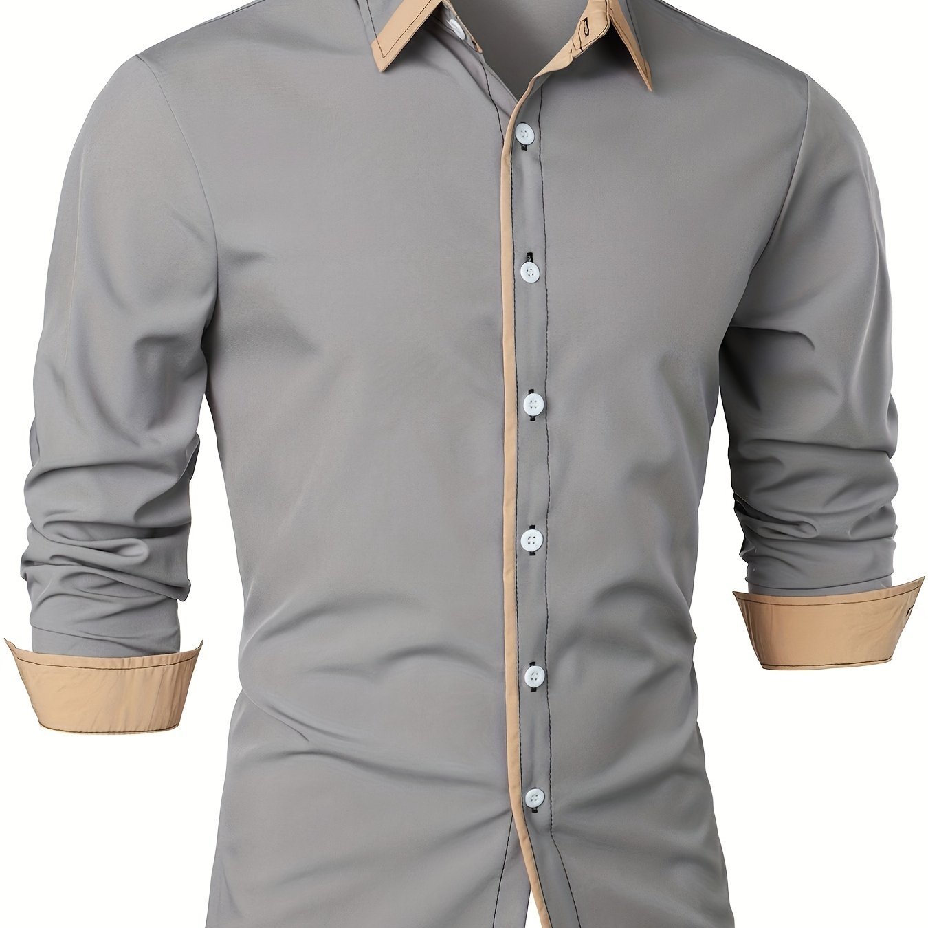 Mature Style Men's Casual Trim Contrast Button Long Sleeve Shirt, Spring Fall