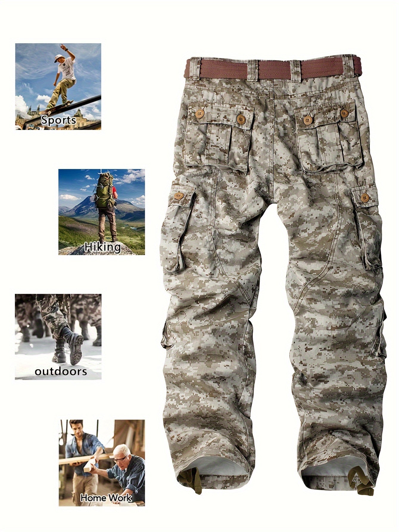 Men's Solid Cotton Camouflage Cargo Pants with Multiple Pockets Straight Leg Loose Fit Casual Outdoor Workwear for Hiking Fishing