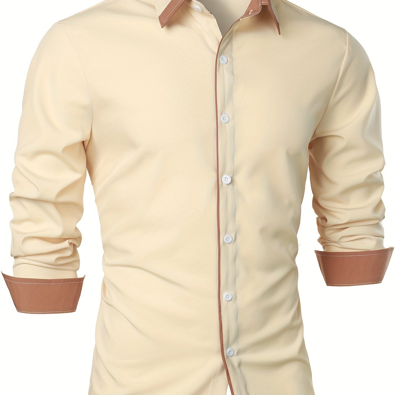 Mature Style Men's Casual Trim Contrast Button Long Sleeve Shirt, Spring Fall