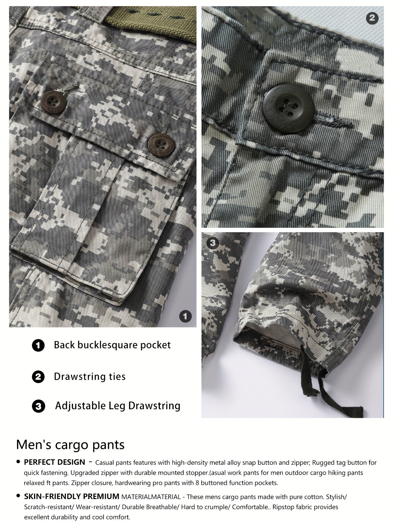 Men's Cotton Camouflage Cargo Pants Multi-Pocket Tactical Loose Fit Regular Length mid Waist Casual Weekend Wear