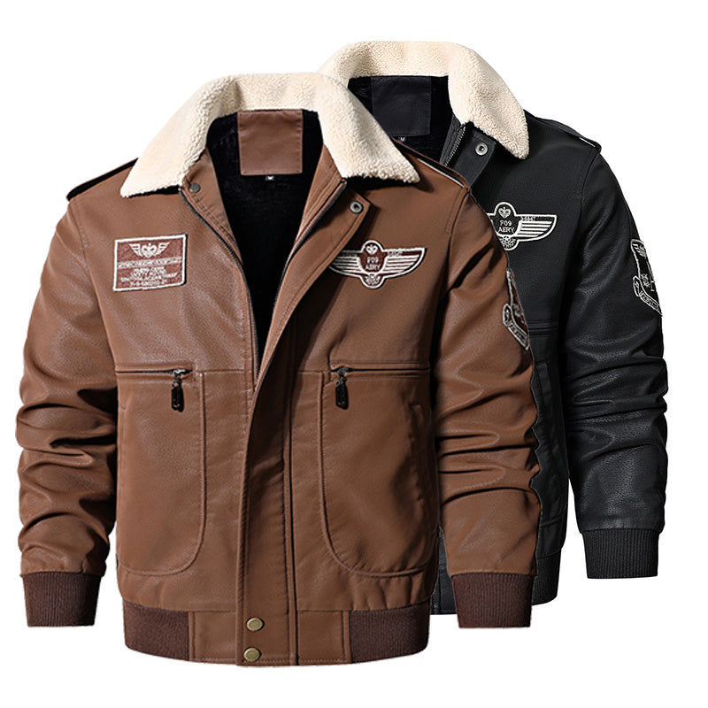 Men's Bomber Motorcycle Leather Jacket Vintage Fleece Faux Leather Jacket Gifts
